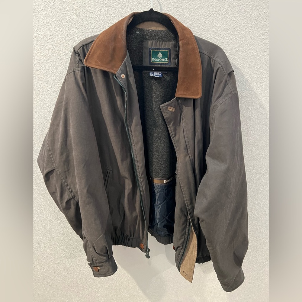Rainforest mens xl lined coat vintage olive green leather collar gently used